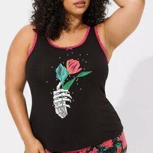 Plus-Size Black Tank Nightshirt with Pink Trim and Floral Graphic